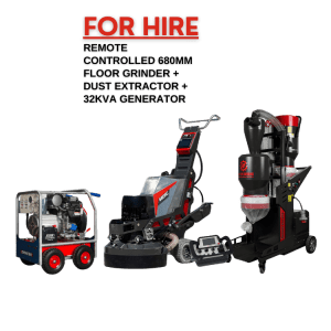 XINGYI 680RC remote-controlled concrete floor grinder/polisher with dust extractor and 32KVA generator for hire.